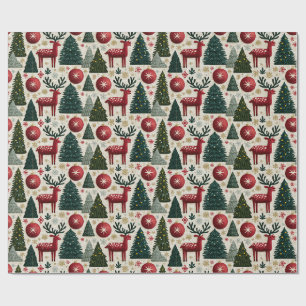 Traditional Christmas Reindeer Tree Pattern Wrapping Paper