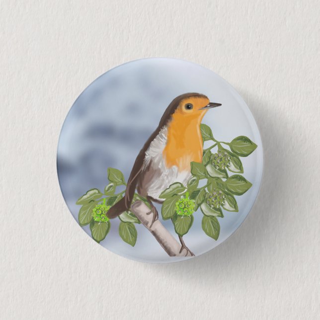 Traditional Christmas Robin and Ivy 1 Inch Round Button (Front)