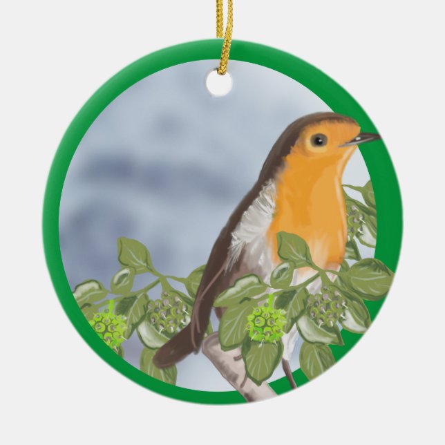 Traditional Christmas Robin and Ivy Ceramic Ornament (Front)