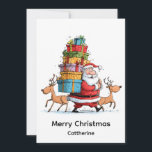 Traditional Christmas Santa Claus with Reindeer  Holiday Card<br><div class="desc">Bring a smile to the season with this funny Santa Claus Christmas card, featuring a cute illustration of Santa carrying a huge stack of colourful presents with two cheerful reindeer trotting beside him. This non-photo design blends modern simplicity with classic Christmas charm, making it perfect for those who love trendy...</div>