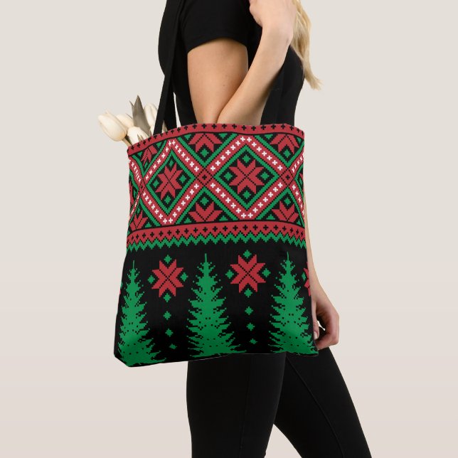 Traditional Christmas Tree And Snowflake Design  Tote Bag (Close Up)