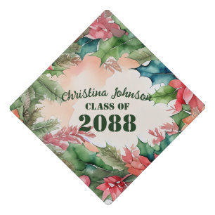 Traditional Christmas Tree Poinsettia Holly Wreath Graduation Cap Topper