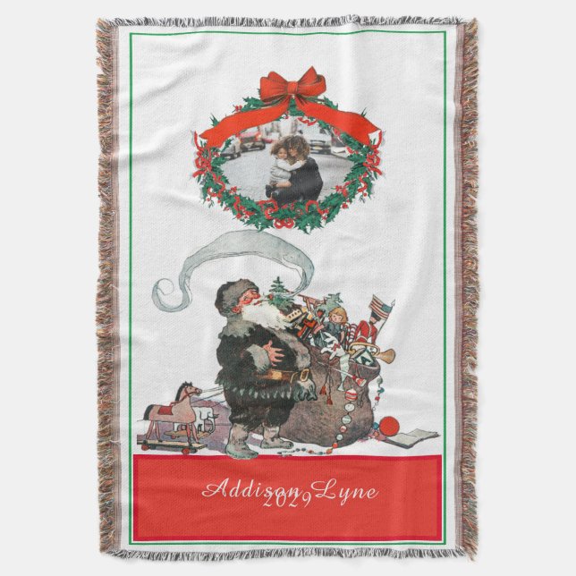 Traditional Christmas Vintage Santa Photo Holiday  Throw Blanket (Front Vertical)