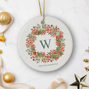 Traditional Christmas Wreath Monogram Name Holiday Ceramic Ornament