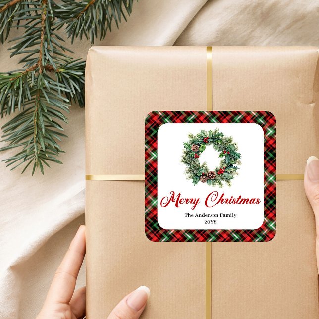 Traditional Christmas Wreath Red Green Plaid Set Square Sticker (Traditional Christmas Wreath Red Green Plaid Set Square Sticker)