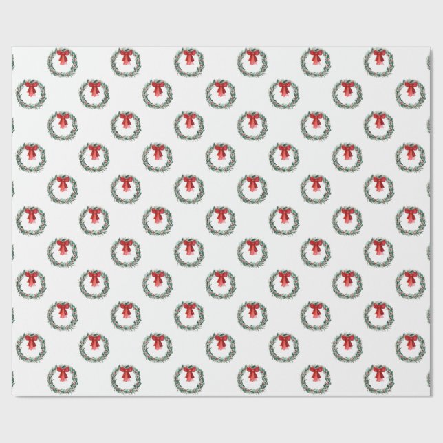 Traditional Christmas Wreath with Red Bow Gift Wrapping Paper (Flat)