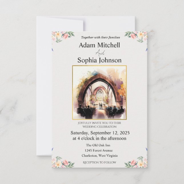 Traditional Church InterWatercolour Wedding Invite (Front)