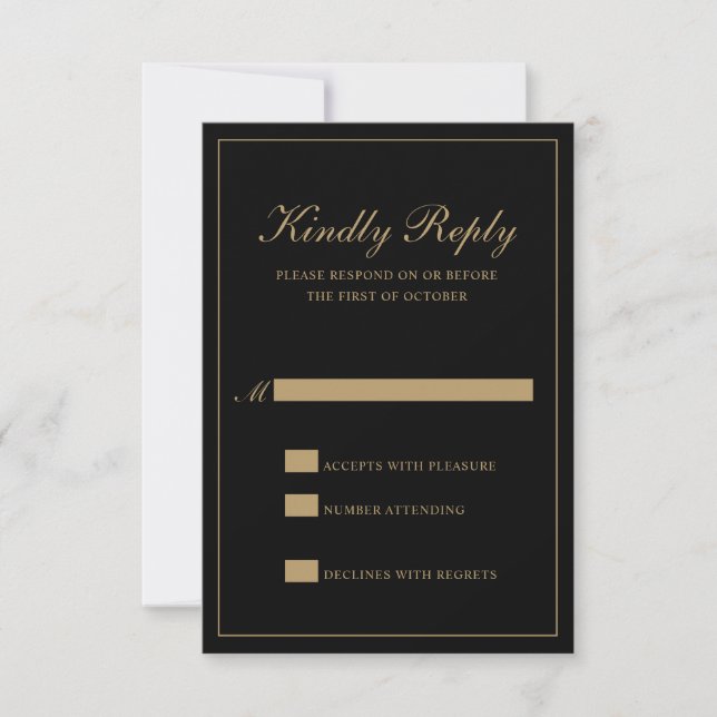 Traditional Classic Formal Black and Gold Wedding RSVP Card (Front)