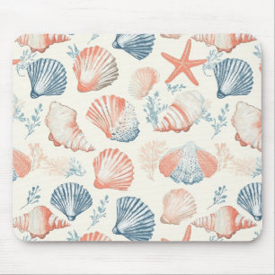 Traditional Coastal Seashell Blue Peach Ivory Mouse Pad