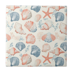 Traditional Coastal Seashell Blue Peach Ivory Tile