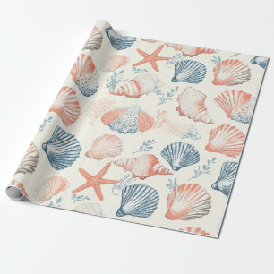 Traditional Coastal Seashell Blue Peach Ivory Wrapping Paper