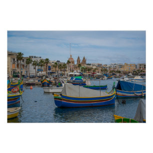 Traditional colorful fishing boats in Malta Poster