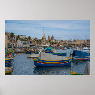 Traditional colorful fishing boats in Malta Poster