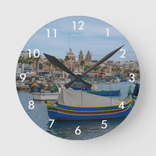Traditional colorful fishing boats in Malta Round Clock