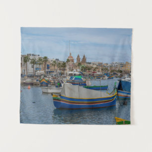 Traditional colorful fishing boats in Malta Tapestry
