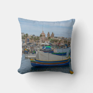 Traditional colorful fishing boats in Malta Throw Pillow