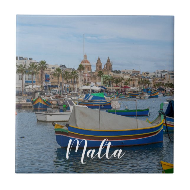 Traditional colorful fishing boats in Malta Tile (Front)