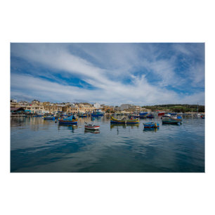 Traditional colorful fishing boats in the harbor poster