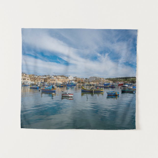 Traditional colorful fishing boats in the harbor tapestry (Front (Horizontal))