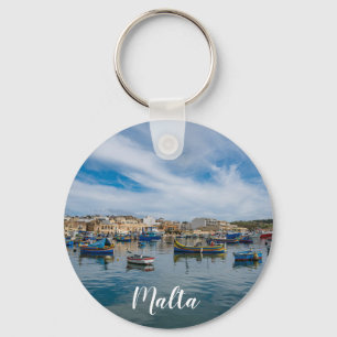 Traditional colourful fishing boats in the harbour keychain