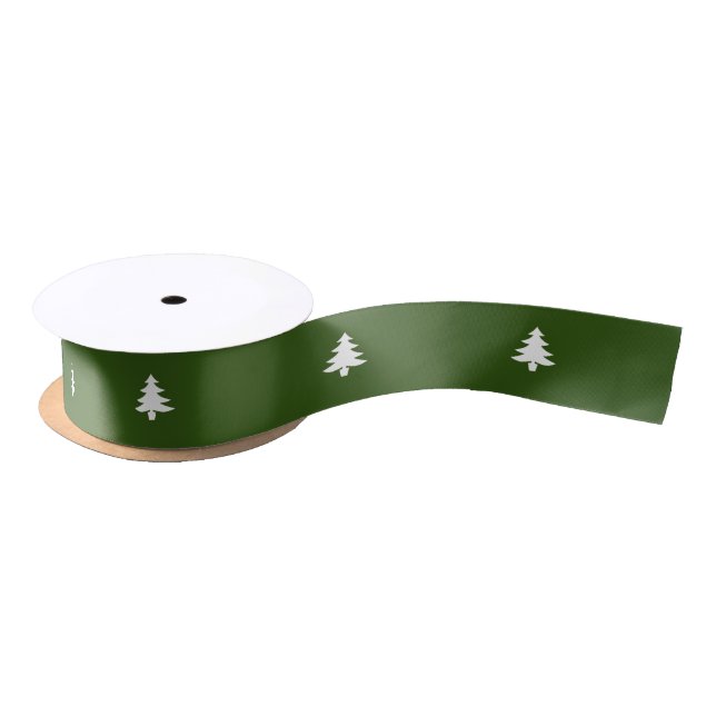 Traditional Dark Green and White Christmas Trees Satin Ribbon (Spool)