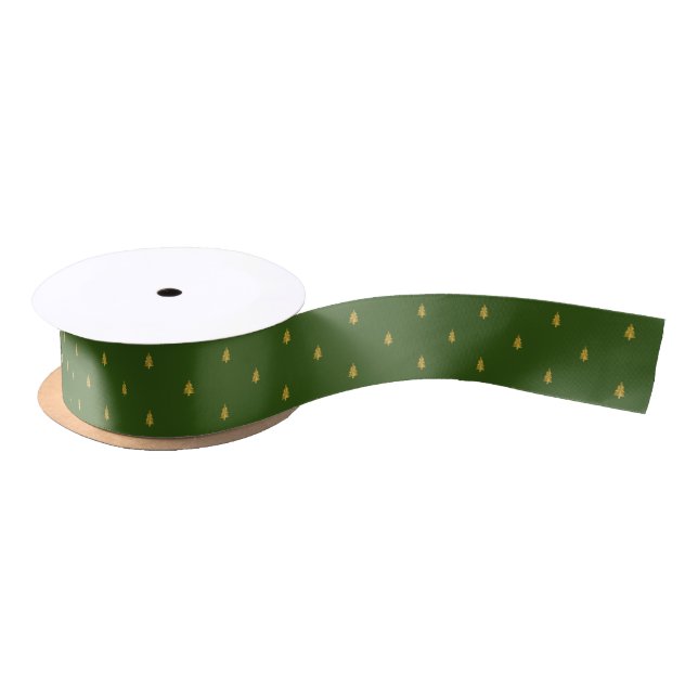 Traditional Dark Green Gold Christmas Tree Pattern Satin Ribbon (Spool)