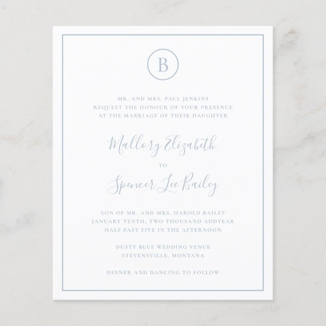 Traditional Dusty Blue Budget Wedding Invitation Flyer (Front)