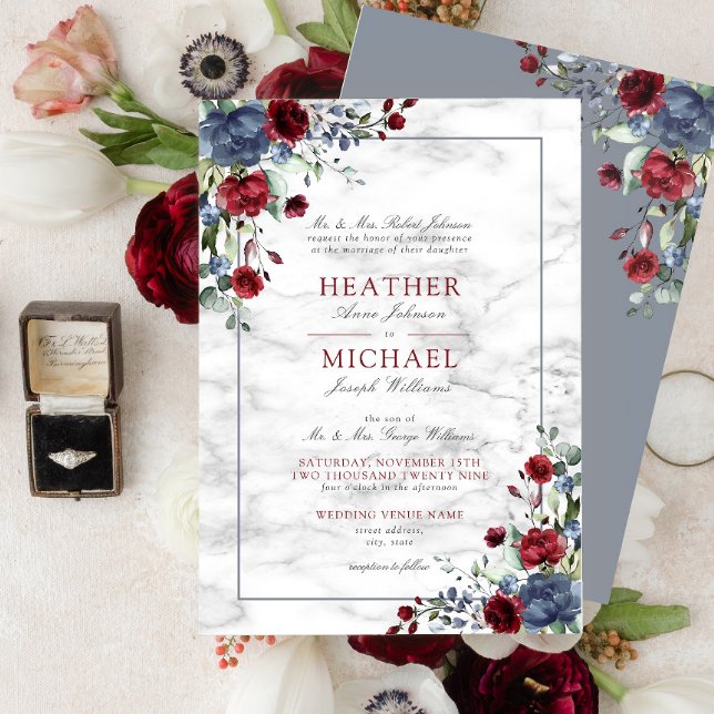Traditional Dusty Blue Burgundy Floral Wedding Inv Invitation (Creator Uploaded)