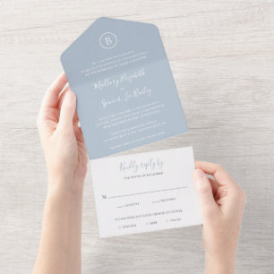 Traditional Dusty Blue Elegant Wedding All In One Invitation