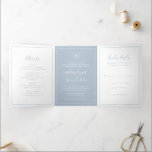 Traditional Dusty Blue Elegant Wedding Tri-Fold Invitation<br><div class="desc">Simple All In One Wedding Invitation template with rsvp card and enclosure card attached, making this invitation suite convenient and budget friendly. The wedding invitation features your monogram in a circle at the top and your wedding details surrounded by a thin border along with your names are in an elegant...</div>