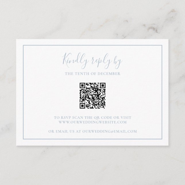 Traditional Dusty Blue QR Code Elegant Wedding RSVP Card (Front)