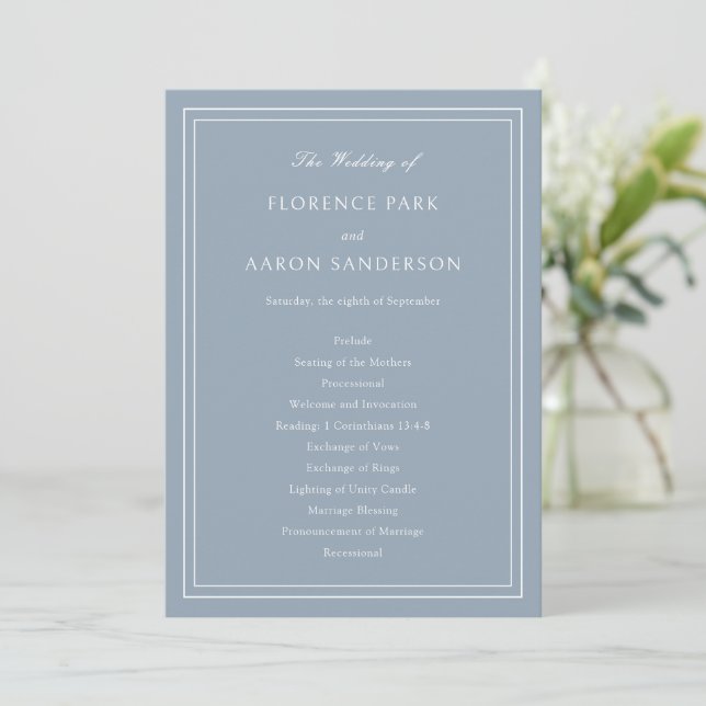 Traditional Dusty Blue Timeless Wedding Program (Standing Front)