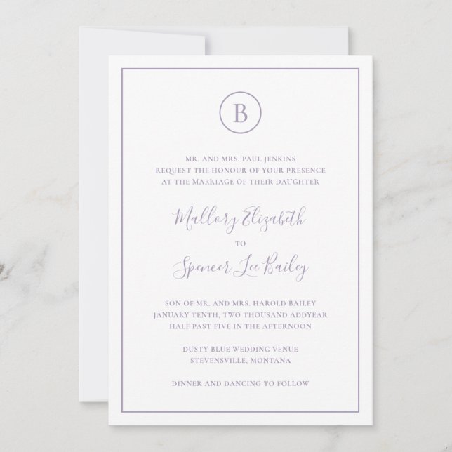 Traditional Dusty Purple All In One Wedding Invitation (Front)