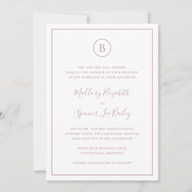 Traditional Dusty Rose Pink All In One Wedding Invitation (Front)