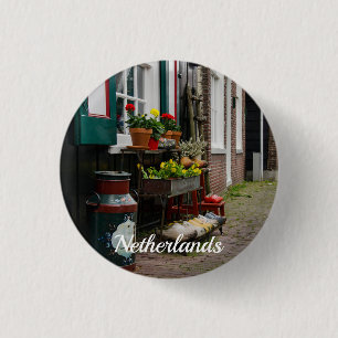 Traditional Dutch wooden shoes on street 1 Inch Round Button