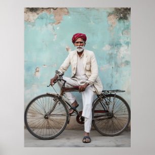 Traditional Elderly Indian Man Vintage Bicycle Poster
