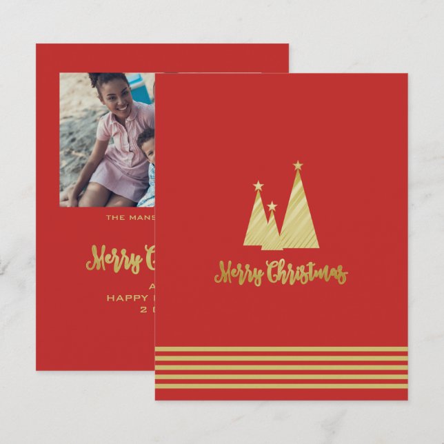 Traditional & Elegant Golden Red Custom Photo  Holiday Card (Front/Back)