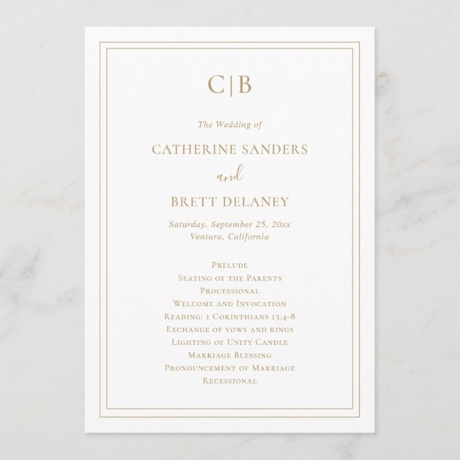 Traditional Elegant Simple Monogram Gold Wedding Program (Front)