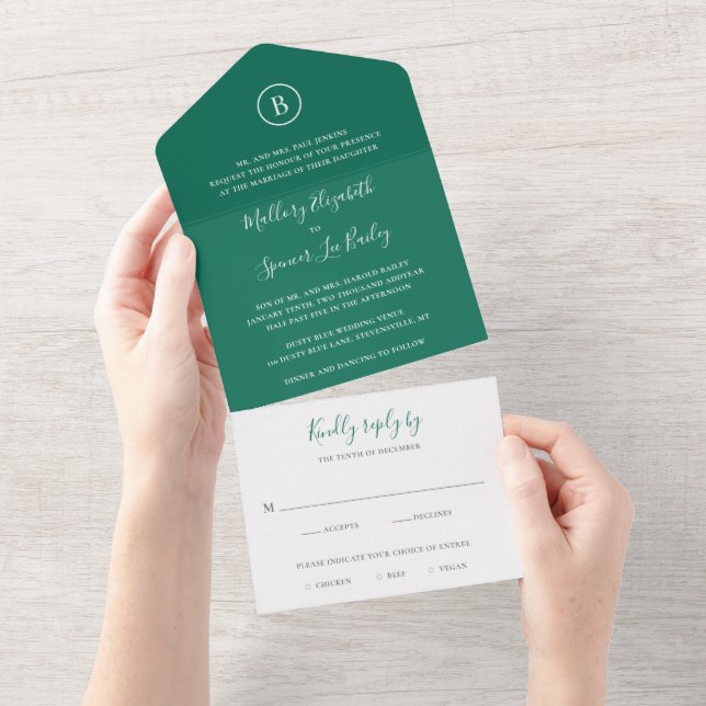 Traditional Emerald Green Elegant Wedding All In One Invitation (Tearaway)