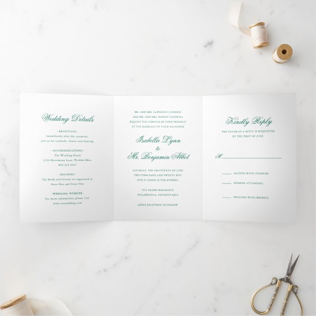Traditional Emerald Green Formal Elegant Wedding Tri-Fold Invitation (Inside)