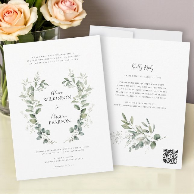 Traditional eucalptus Greenery Wedding QR Code Invitation (Creator Uploaded)