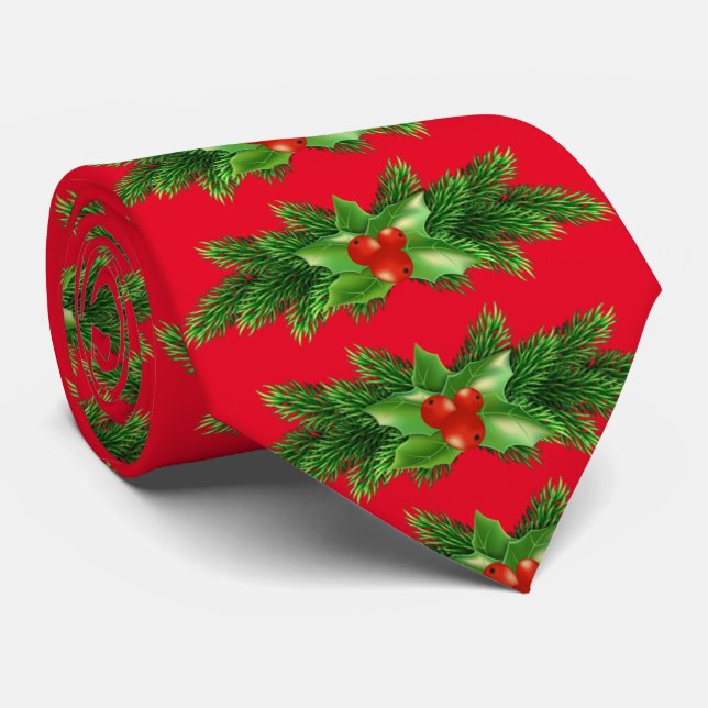 Traditional Evergreens and Holly Christmas Tie (Rolled)
