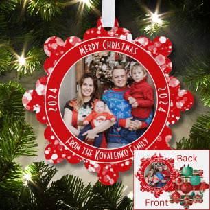 Traditional Family Photo Red Green Plaid Holiday Ornament Card
