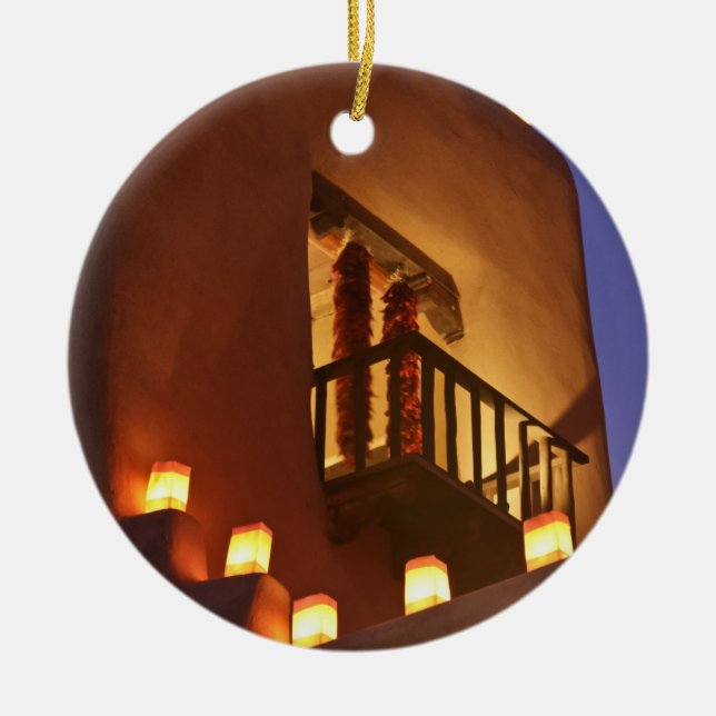 Traditional farolitos light up adobe structures ceramic ornament (Front)