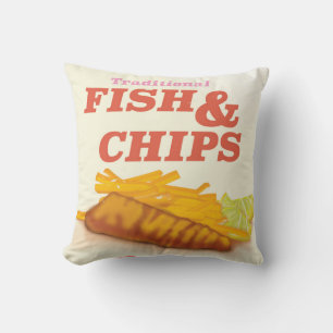 Traditional fish and Chips vintage poster Throw Pillow