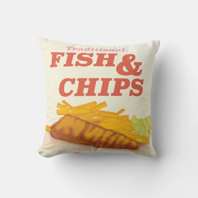 Traditional fish and Chips vintage poster Throw Pillow (Front)