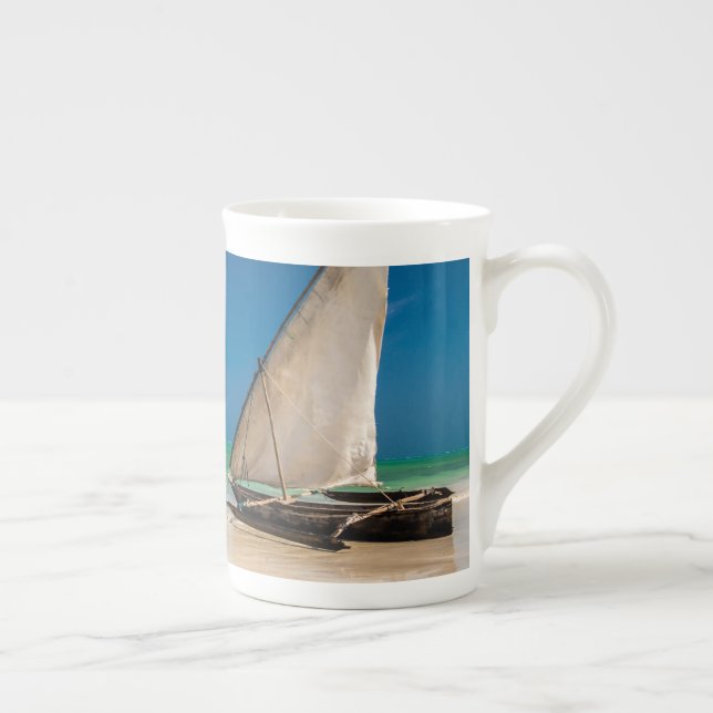 Traditional fishing boat on the beach bone china mug (Right)