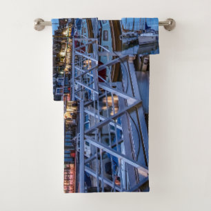 Traditional fishing town night scene bath towel set