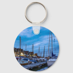 Traditional fishing town night scene keychain