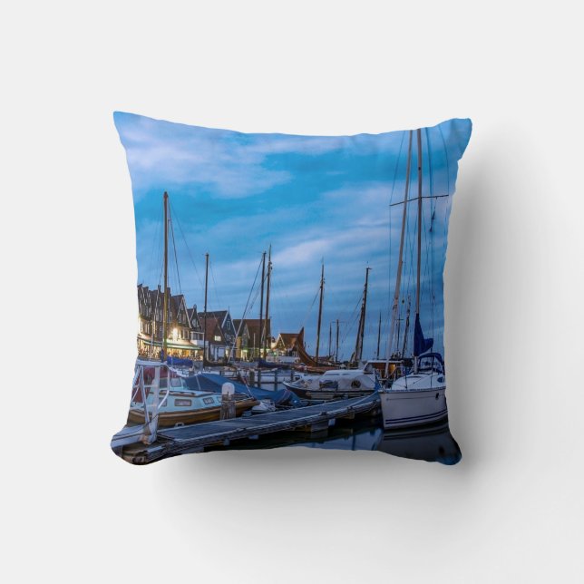 Traditional fishing town night scene throw pillow (Front)